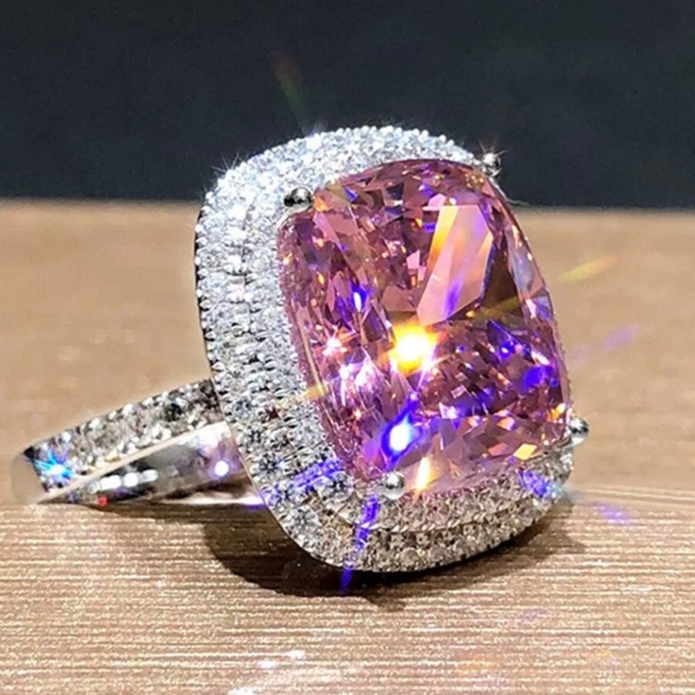 PINK SILVER DIAMOND BRIDAL RING - Picture 2 of 6